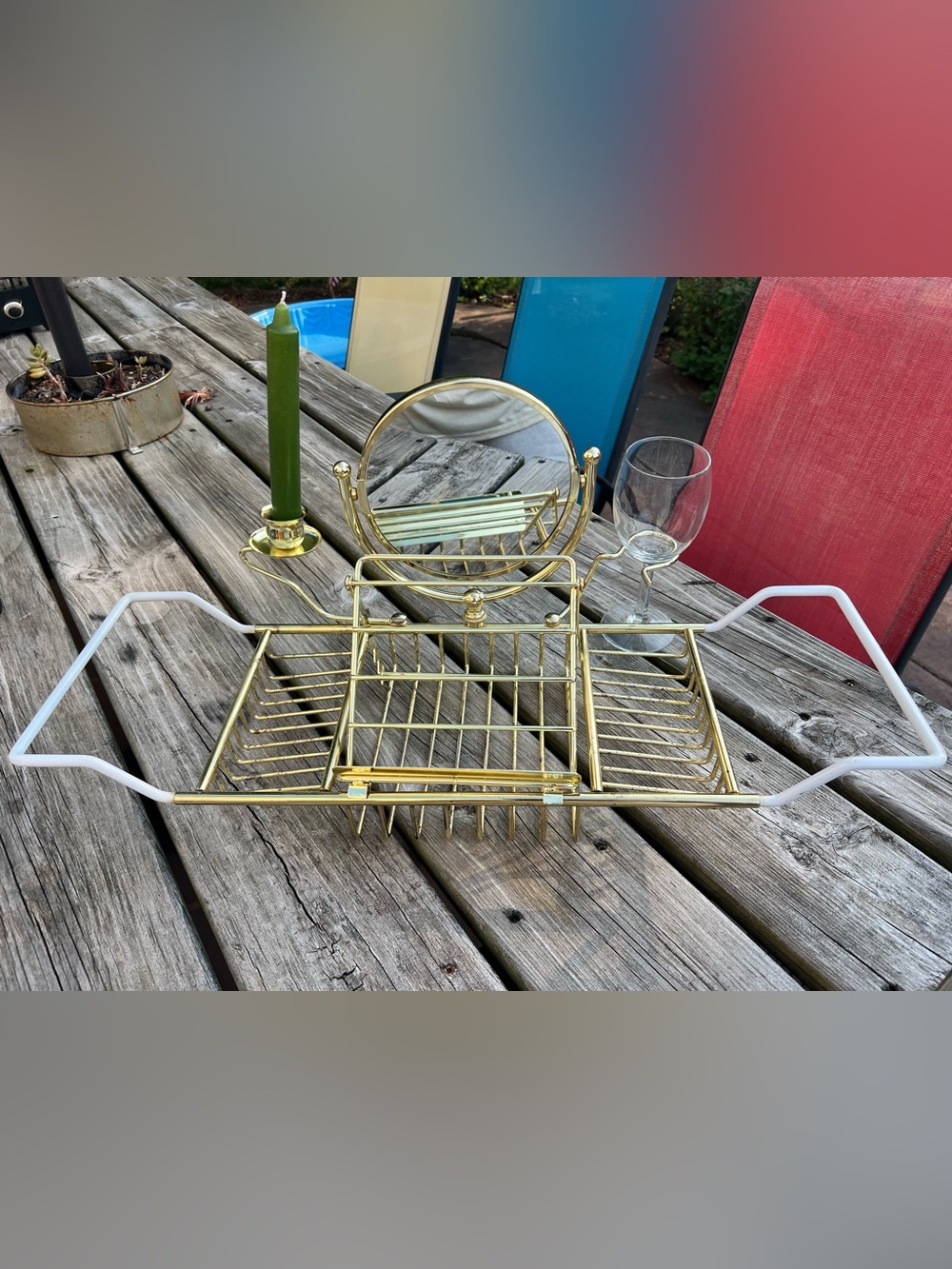 Vintage Brass Bath Caddy with Candle, Mirror, Wine Glass Holder and Book Rest